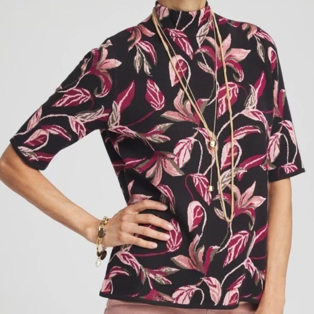 Chico's Jacquard Mock Neck Sweater Bold Lily Print Elbow Sleeve Size 0/Small EUC